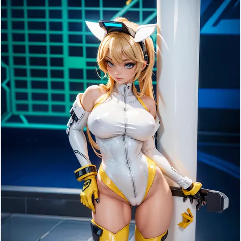 a close up of a woman in a cyber leotard suit, female, video game character, cyber suit, clothed in cyber armour, cyber fight armor, rogue anime girl, shy blush, wearing a leotard thong, highheels, fullbodyshot, model pose, chocker, cameltoe, big ass, big ...