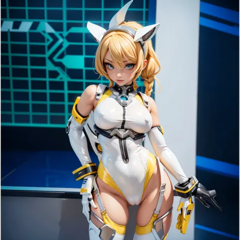 a close up of a woman in a cyber leotard suit, female, video game character, cyber suit, clothed in cyber armour, cyber fight armor, rogue anime girl, shy blush, wearing a leotard thong, highheels, fullbodyshot, model pose, chocker, cameltoe, big ass, big ...