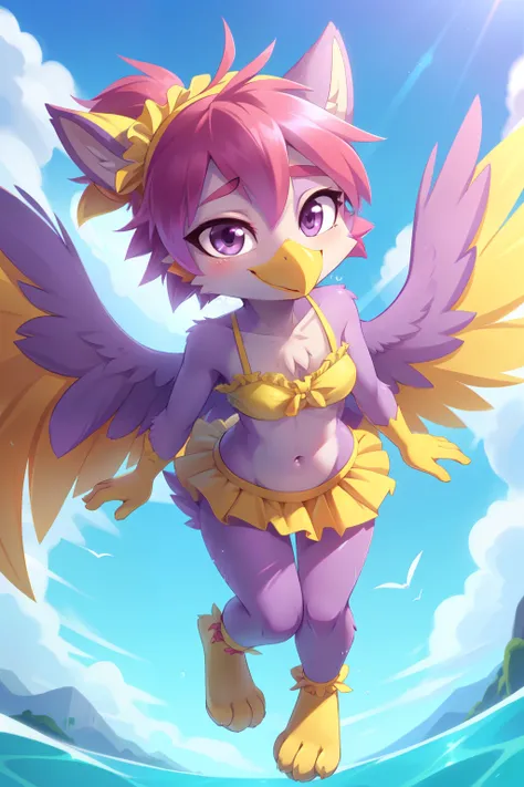 score_9,score_8_up,score_7_up, source_cartoon, source_furry, Furry girl, bird, yellow bird beak, magenta hair, spiky hairstyle, pointy bangs, short pointy ponytail, anime style, small breasts, purple eyes, big eyebrows, purple animal ears, ((yellow ruffled...