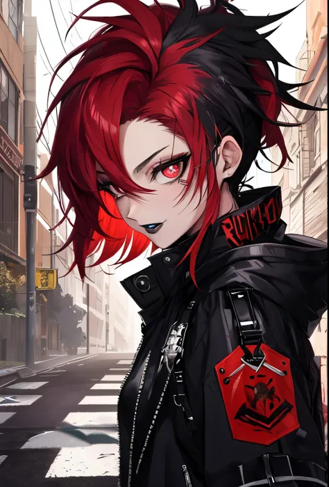 ((best quality)),((masterpiece)),((strikingly beautiful)), excited, smoky eyes, red eyes, vivid colors, punk clothing, rock hairstyle, red hair, black lips, abandoned street, body view