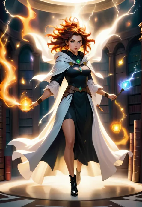 a masterwork picture of a sorceress casting a spell in magical library, exquisite beautiful woman, dynamic hair color, dynamic hair style, ((full body shot: 1.5)), ((anatomically correct: 1.5)),  (ultra detailed face: 1.2), best detailed face,  high detail...