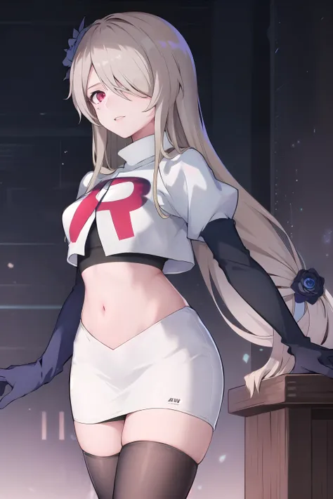 rita rossweisse, brown hair, long hair, hair over one eye, eyes visible through hair, hair flower, blue rose, red eyes, swept bangs, mole under eye, team rocket,team rocket uniform,white skirt,red letter R,crop top,black thigh-highs,black elbow gloves