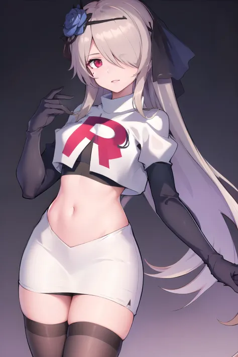 rita rossweisse, brown hair, long hair, hair over one eye, eyes visible through hair, hair flower, blue rose, red eyes, swept bangs, mole under eye, team rocket,team rocket uniform,white skirt,red letter R,crop top,black thigh-highs,black elbow gloves