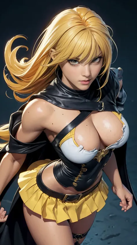 fresh female muscle hero アートイメージ, Big Breasts, beautiful, (((ntricate)) tight costume、mini highschool skirt with frills, messy yellow hair, massive breasts, Luis Royo, Boris Vallejo, J. Scott Campbell, Extreme concentration, Sharp details, sexy,  Oily skin...