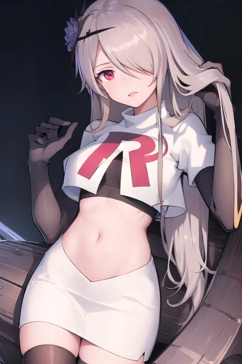 rita rossweisse, brown hair, long hair, hair over one eye, eyes visible through hair, hair flower, blue rose, red eyes, swept bangs, mole under eye, team rocket,team rocket uniform,white skirt,red letter R,crop top,black thigh-highs,black elbow gloves