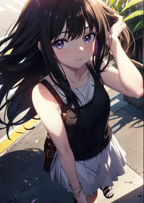 Takiuchikami, Check it out, Long Hair, bangs, Black Hair, (Purple eyes:1.2),Blue Tank Top,White long skirt,Heeled Sandals,Daytime,Clear skies,Palm tree,Walking,smile,Close your mouth,blush,whole bodyがイラストに入るように,
break outdoors, tropical,Tropical,Coastal Ro...