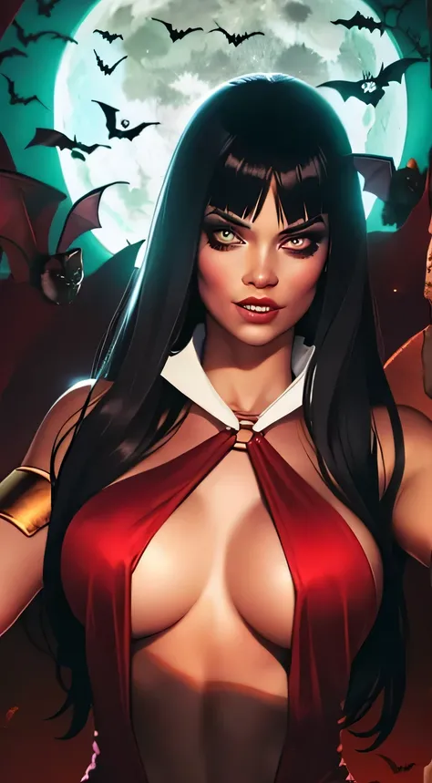 Vampirella sexually vestindo um maiô vermelho profundo, ((Full moon and bats background)) , oily shiny skin, Eyes red, hot and fit body, naughty, slutty, camel fingers , detailedeyes,  provocative, sexually, naughty, big happy , realisitic, HDR, ultra HD, ...