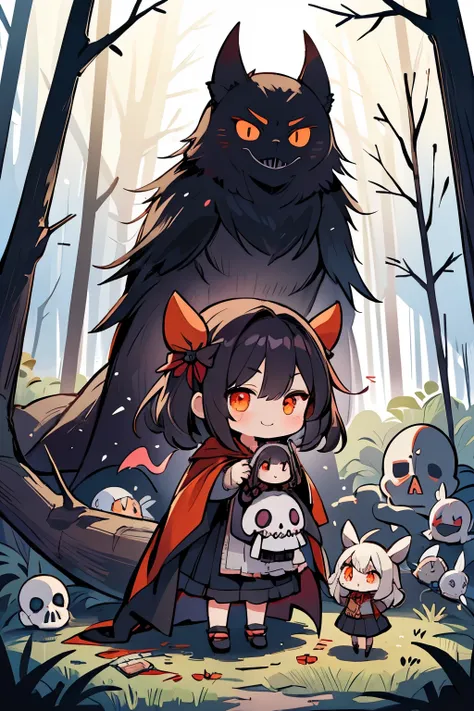 Photorealistic、Cute horror fantasy、Chibi Girl Doll（Devil Cosplay、Wicked Smile、Sagging under the eyes、Long eyebrows、Long nails、Orange eyes、Wear a long, big cloak） BREAK ,background(Musical notes around the doll, (dead tree:1.3), in the forest,shadow　the car...