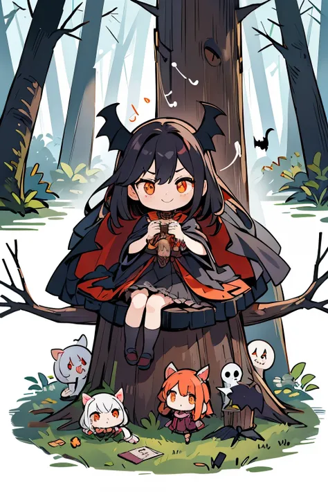 Photorealistic、Cute horror fantasy、Chibi Girl Doll（Devil Cosplay、Wicked Smile、Sagging under the eyes、Long eyebrows、Long nails、Orange eyes、Wear a long, big cloak） BREAK ,background(Musical notes around the doll, (dead tree:1.3), in the forest,shadow　the car...