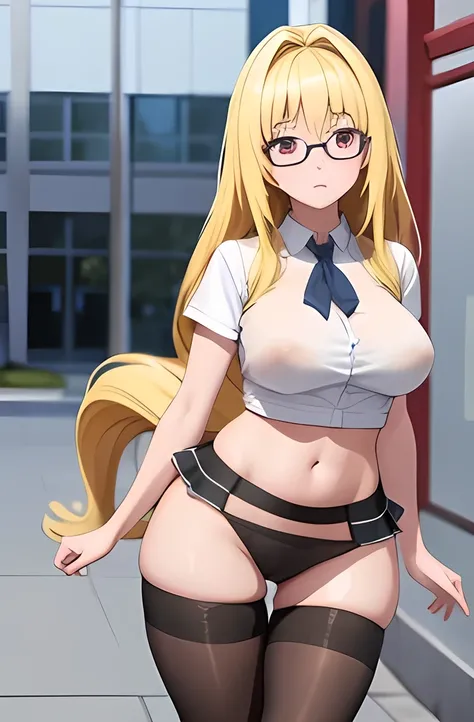 1 girl in public, ashamed, hits,  body, perfect slender body, 13 year old girl, well detailed face, well detailed red eyes with pupils, blonde hair collected with 2 side tails, sensual neckline, brazier, round breasts,thick thighs, micro short pantyhose 1....