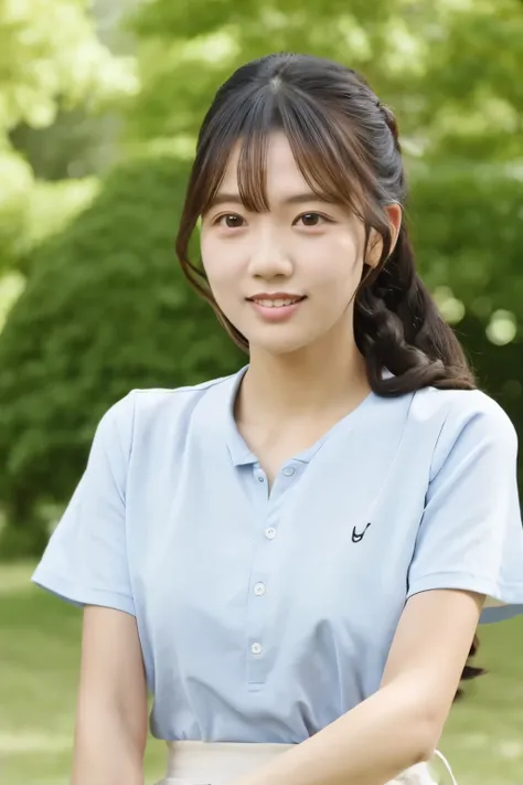 Skinny Japanese 40s woman, good wife, cute face, detailed face, detailed eyes, neat and clean, short-sleeve white shirt, walking along river, early summer, fine weather, clear sky, green fields, portrait