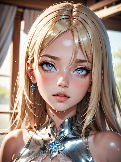 blonde hair, eyelashes, hair over one eye, blue eyes, ultra-detailed, high quality, highres, absurdres, best quality, best quality, long hair, bright pupils, pink lips, extremely detailed, ahegao, detailed face, shiny eyes, crazy eyes, drooling, wet, long ...