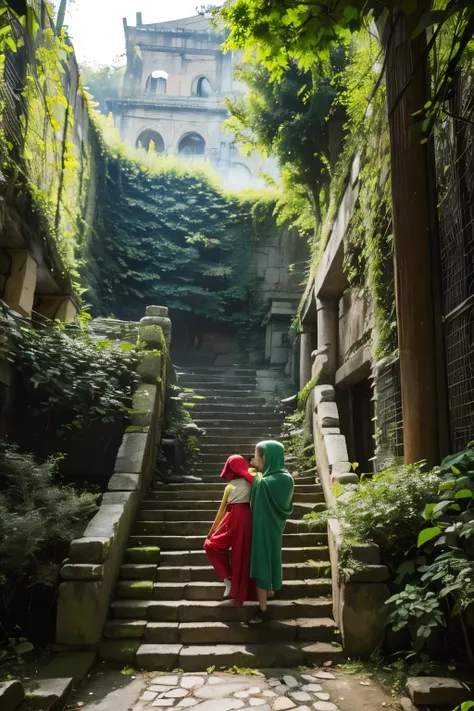 Fantasy adventure scene set in front of ancient ruins。Three characters stand in the foreground。A boy wearing a green hoodie and carrying a small reptile on his head、Girl with curly red hair and wearing a green dress holding an apple、And a boy with wild blo...