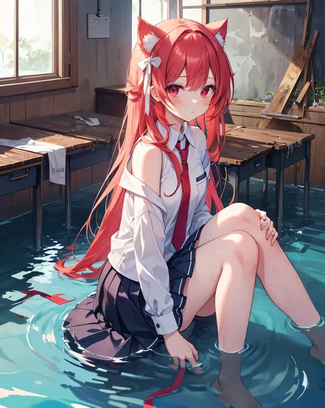 High quality, kotori_itsuka,1girl, solo, neko_ears, untied_necktie, ((White ribbons to tie hairs)),random dynamic scene , bare shoulders , long red hair, vibrant red eyes.
(school uniform,pantyhouse:1.2),ribbon,(flooded water,sitting,ruins, class room,wate...