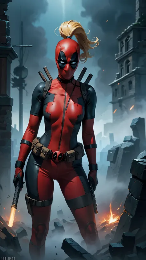 masterpiece, best quality, highres, contrapposto,BodySuit_lady_deadpool_ownwaifu,
1girl, mask, blonde hair, ponytail, long hair, large breasts, no pupils,
bodysuit, skin tight, superhero, belt pouch, utility belt, red bodysuit, gloves, weapon on back, thi...