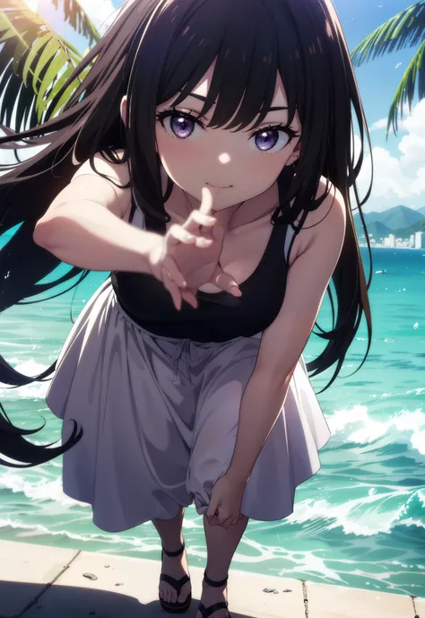 Takiuchikami, Long Hair, bangs, Black Hair, (Purple eyes:1.2),Blue Tank Top,White long skirt,Heeled Sandals,Daytime,Clear skies,Palm tree,Walking,smile,Close your mouth,blush,whole bodyがイラストに入るように, break outdoors, tropical,Tropical,Coastal Road, break look...