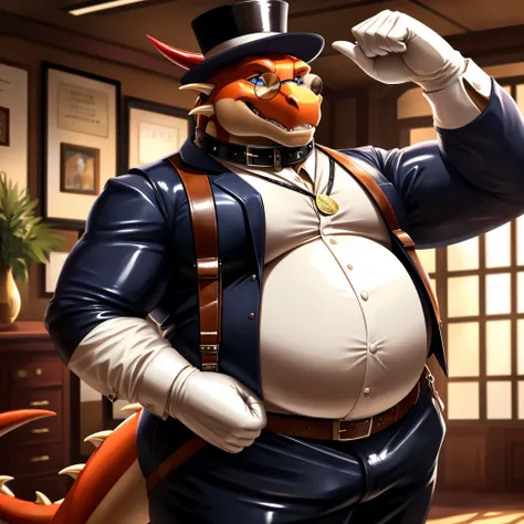 Solo, Male, fat, extremely obese, gentleman, dapper Professor Dragon, blue eyes, (posing:1.3), (soft shading), 4k, hi res, ((detailed face, detailed)), looking at viewer, mouth wide open, steampunk, large belly, bulging belly, dapper clothing, collared shi...