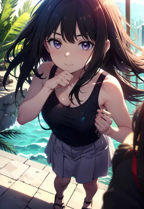 Takiuchikami, Long Hair, bangs, Black Hair, (Purple eyes:1.2),Blue Tank Top,White long skirt,Sandals,Daytime,Clear skies,Palm tree,Walking,smile,Close your mouth,blush,whole bodyがイラストに入るように, break outdoors, tropical,Tropical,Coastal Road, break looking at ...