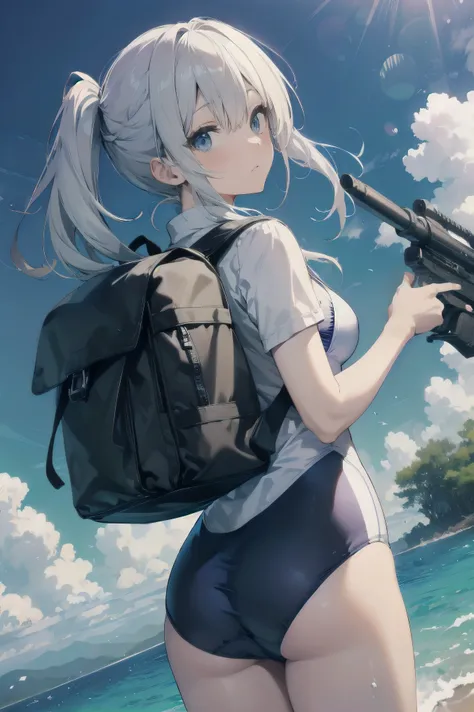 high quality、最high quality、Ultra-high resolution、Slender beauty、White color swimsuit、Embarrassed look、Droopy eyes、crack、Backpack、Water Machine Gun、Equipped with a bazooka