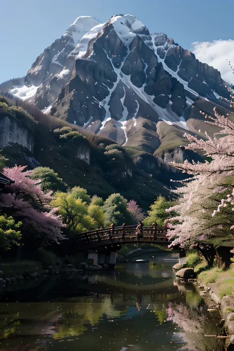 Samurai, high detail, mountains, water, blossom, stoic