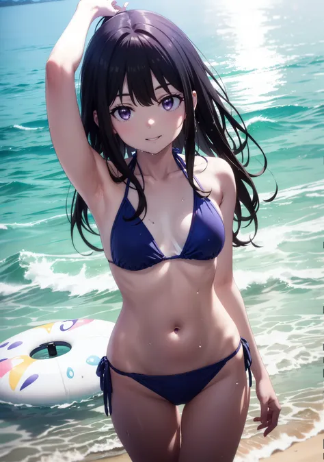 Takiuchikami, Check it out, Long Hair, bangs, Black Hair, (Purple eyes:1.2),Light blue bikini string swimsuit,barefoot,Water Play,Wet Hair,Wet Skin,Wet swimsuit,smile,Open your mouth,True Summer,whole bodyがイラストに入るように,
break outdoors,Ocean,Sandy Beach,Beach...