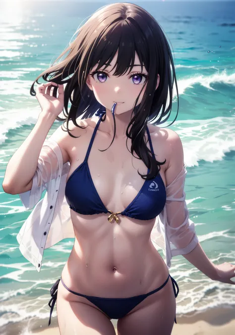 Takiuchikami, Check it out, Long Hair, bangs, Black Hair, (Purple eyes:1.2),Light blue bikini string swimsuit,barefoot,Water Play,Wet Hair,Wet Skin,Wet swimsuit,smile,Open your mouth,True Summer,whole bodyがイラストに入るように,
break outdoors,Ocean,Sandy Beach,Beach...