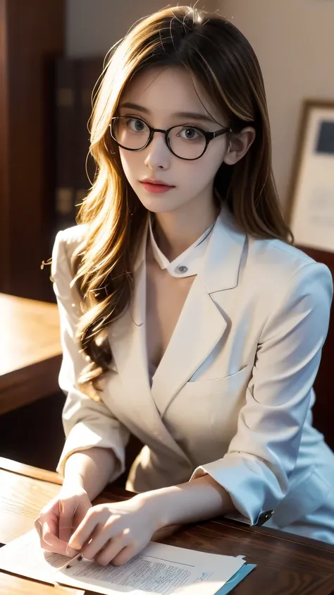 Highest quality, Highest quality, 16K, Unbelievably absurd, Very detailed, delicate and dynamic, Detailed facial depiction, Anatomically accurate skeleton, Particles reflect light, Diffuse reflection of light, Vortex of Light, Files on the desk, Spotlight,...