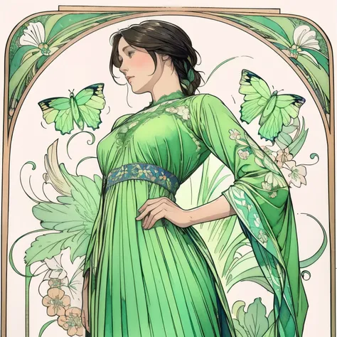 ((masterpiece)), (highest quality), art nouveau watercolor, (simple style), green dress, butterfly heart, pleated lace, edwardia...