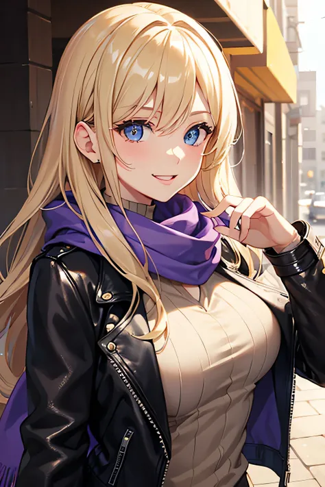 masterpiece, best quality, young, blonde haired girl, blue eyes, medium breasts, dark leather jacket, beige shirt, purple scarf, smiling