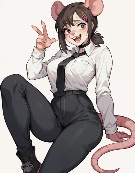 score_9,score_8_up,score_7_up, score_6_up, source_furry, Anthro, kobeni higashiyama, she is an Anthro furry rat girl, grey fur, pink nose, pink rat ears, tail, wearing white shirt, black tie, black pants, 