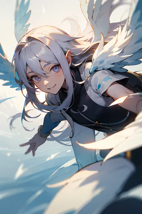 Male, long hair, wings below ears, Pruple eyes, silver hair, smilling sweetly, light