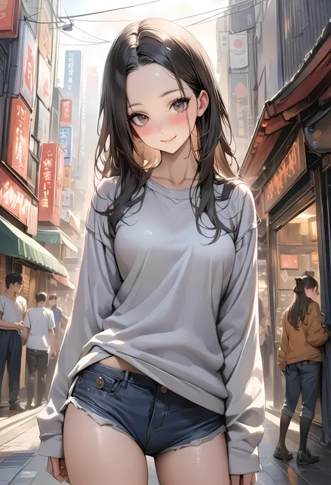 ((masterpiece,Highest quality:1.3,best quality illustration)),realistic,cowboy shot,solo,1woman,(25 year old beauty),((very small head:1.3)),black hair,long hair,forehead,center parted bangs,black eyes,gorgeous big eyes,blush,smile,((very long body,skinny)...