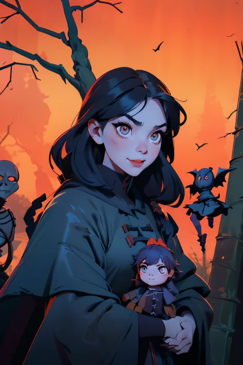 Photorealistic、Cute horror fantasy、Chibi Girl Doll（Devil Cosplay、Wicked Smile、Sagging under the eyes、Long eyebrows、Long nails、Orange eyes、Wear a long, big cloak） BREAK ,background(Musical notes around the doll, (dead tree:1.3), in the forest,shadow　the car...