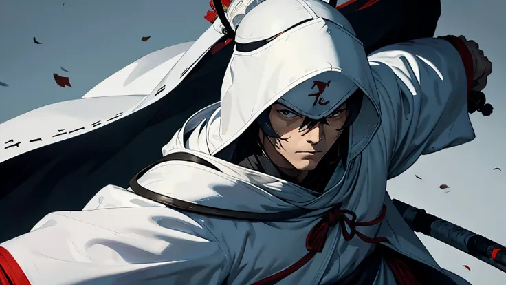 Wearing a white hood、Holding a sword、whole body、Kenshin Uesugi、４０age、Wearing intricately designed traditional samurai armor、
Famous people in Japanese history、He has a stern look、Has an intimidating presence