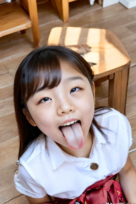 korean,8-year-old,,woman,show only the face,a scary smile,open your mouth and eyes wide,stick your long tongue out of your mouth