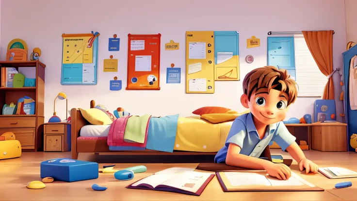 "A picture on the wall with a colorful calendar showing Lucass daily routine, including times for playing, studying and resting. Lucas is pointing at one of the activities, smiling."