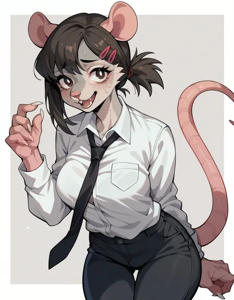 score_9,score_8_up,score_7_up, score_6_up, Anthro, kobeni_higashiyama:.8, she is an Anthro furry grey rat girl, rat snout,  grey fur, pink nose, pink rat ears, tail, wearing white shirt, black tie, black pants, 