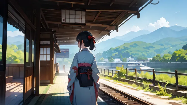 summer, Mountain, kimono, Japanese Girl, waiting a train, back view