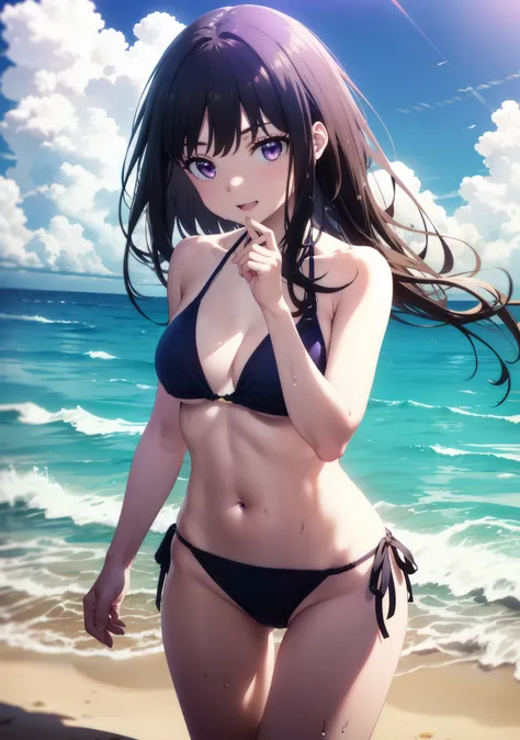 Takiuchikami, Check it out, Long Hair, bangs, Black Hair, (Purple eyes:1.2),Light blue bikini string swimsuit,barefoot,Water Play,Wet Hair,Wet Skin,Wet swimsuit,smile,Open your mouth,True Summer,whole bodyがイラストに入るように,
break outdoors,Ocean,Sandy Beach,Beach...