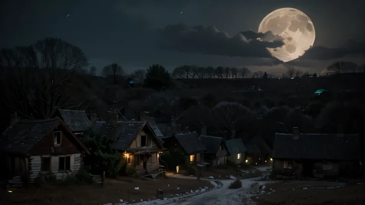 A village at night under a full moon. The wind blows through the trees, creating a haunting melody. The houses are old and worn, with cracked walls and broken windows. The village feels deserted, with an eerie silence punctuated by the occasional sound of ...