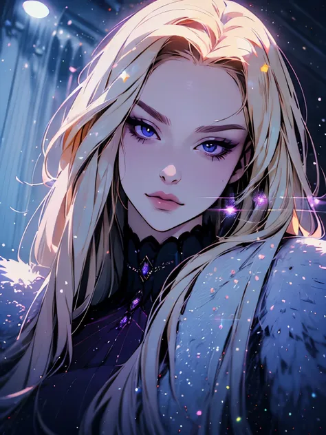 hyper-realistic portrait of a mysterious and elegant woman with flowing soft highlighted blonde hair, piercing ((purple eyes)), ...