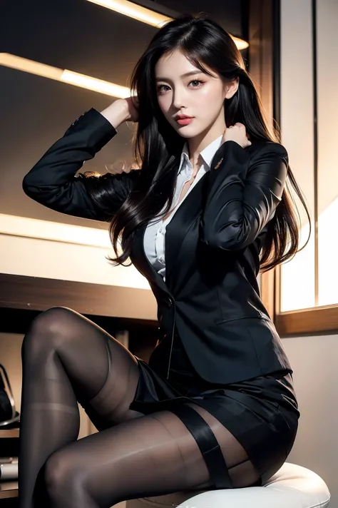 Beautiful kinky woman portrait: Full body portrait, Slim Rest, masterpiece、first class、thin、Beautiful eyes and muscles、((first class))、Skin depression、sit、Spread your legs、No pants、(From below)、High heels、front、Outdoor、(adjusting hair:1.5) OL、black office ...