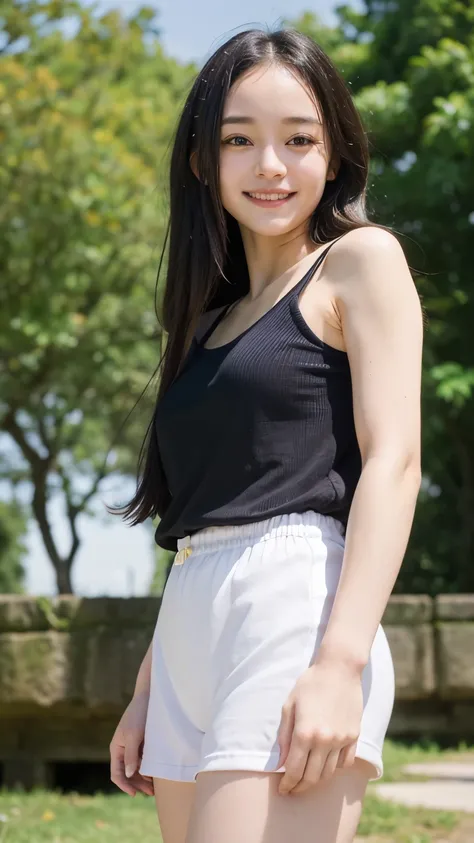 ((masterpiece)), ((best quality)), ((ultra-detailed)),((hyperrealistic)),shiny skin,1girl,(japanese,cute girl),(forehead),black hair,long hair,black big eyes,12 years old,(fullbody shot),small breasts,flat chest,tanktop,miniskirt,smile,from below,standing,...