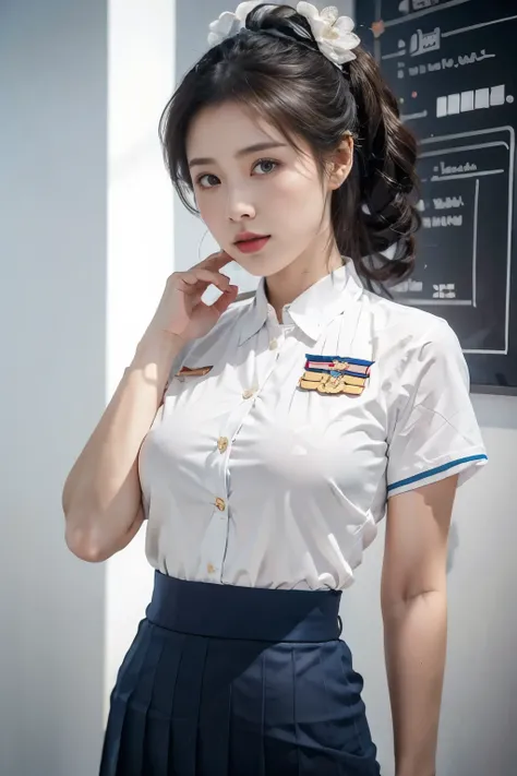 open clothing，(((best quality))),(((Extremely detailed))),(((masterpiece))),illustration,((1 Girl, woman, Commander of the Air Force,Solitary)),(Short Ponytail:1.2),((Slim,Thin)),((underboob,Big breasts)),Keep it balanced, confidence, authority,(Light blue...