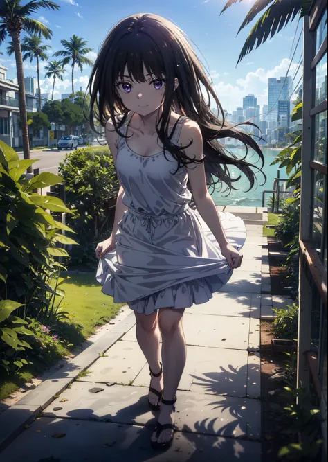 Takiuchikami, Long Hair, bangs, Black Hair, (Purple eyes:1.2),Blue Tank Top,White long skirt,Heeled Sandals,Daytime,Clear skies,Palm tree,Are standing,smile,Close your mouth,Walking,blush,whole bodyがイラストに入るように,
break outdoors, tropical,Tropical,Coastal Roa...