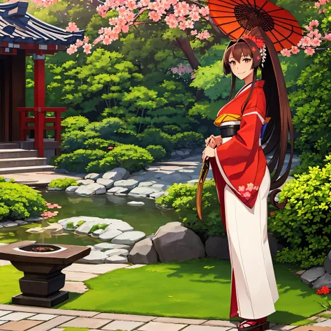 A woman wearing a white kimono, long-sleeved kimono, long-skirted kimono, red flower designs on the kimono, large breasts, wearing earrings with the Japanese red sun flag, brown hair, long hair, ponytail hair, flowers in her hair , brown eyes, perfect face...