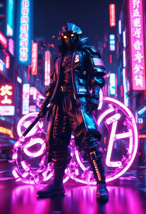 a black samurai in a cyberpunk city with neon lit 3d Japanese alphabets in air floating around him, cinematic scene, 32k, ultra HD with beautiful cinematic lighting ultra HD, hyper-realistic images, 32k, beautiful and vibrant images.