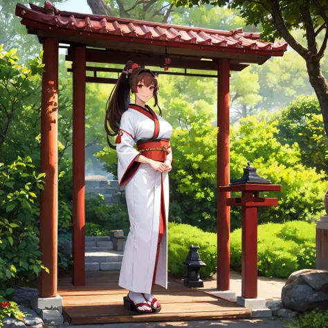 A woman wearing a white kimono, long-sleeved kimono, long-skirted kimono, red flower designs on the kimono, large breasts, wearing earrings with the Japanese red sun flag, brown hair, long hair, ponytail hair, flowers in her hair , brown eyes, perfect face...