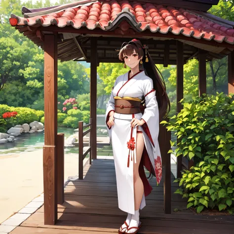 A woman wearing a white kimono, long-sleeved kimono, long-skirted kimono, red flower designs on the kimono, large breasts, wearing earrings with the Japanese red sun flag, brown hair, long hair, ponytail hair, flowers in her hair , brown eyes, perfect face...