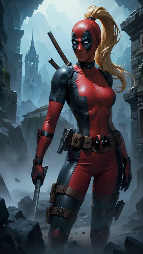 masterpiece, best quality, highres, contrapposto,BodySuit_lady_deadpool_ownwaifu,
1girl, mask, blonde hair, ponytail, long hair, large breasts, no pupils,
bodysuit, skin tight, superhero, belt pouch, utility belt, red bodysuit, gloves, weapon on back, thi...